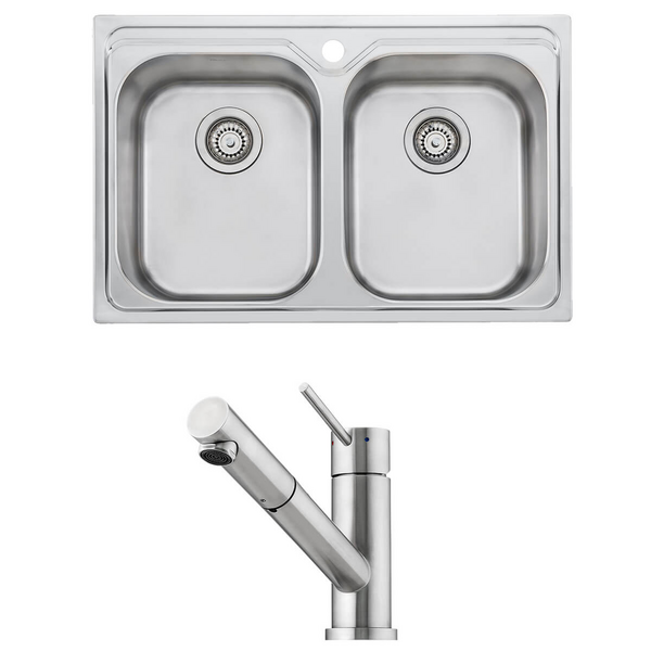 Oliveri Diaz Double Bowl Sink with Essente Pull Out Tap Pack SS31615DZ23TU
