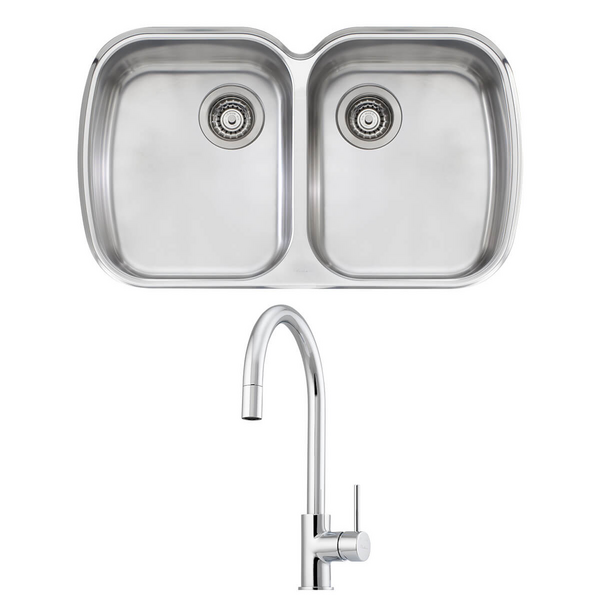 Oliveri Monet Double Bowl Sink and Venice Chrome Pull Out Tap Pack VE520FCR-PMO70U