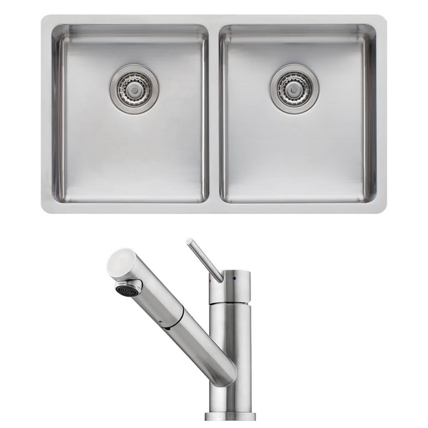 Oliveri Sonetto Double Bowl Sink and Essente Pull Out Tap Pack SS31615SN63TU