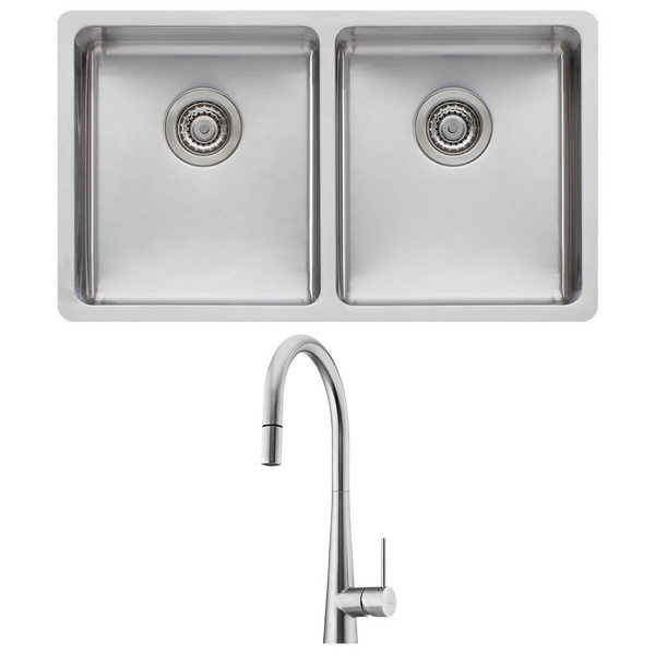 Oliveri Sonetto Double Bowl Sink and Essente Pull Out Tap Pack SS31625SN63TU
