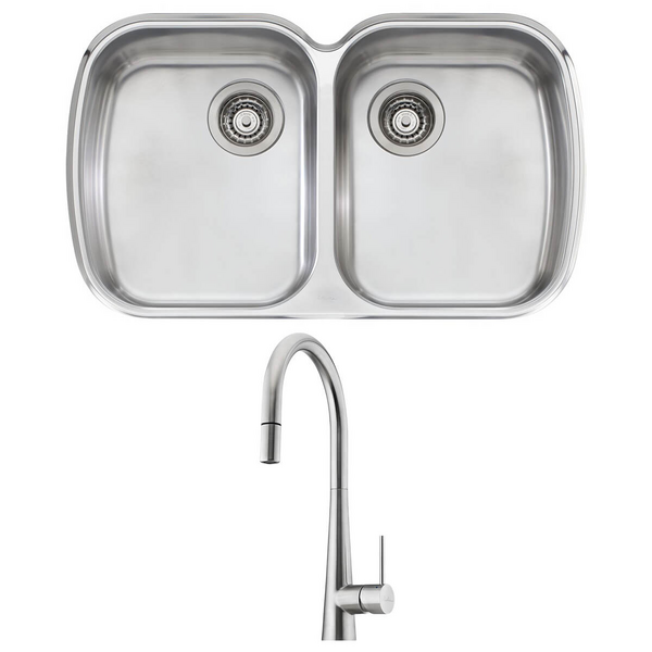 Oliveri Monet Double Bowl Sink and Essente Pull Out Tap Pack SS31625MO70U