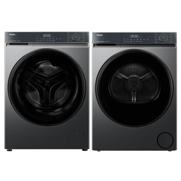 Haier 300 Series 8.5kg Front Load Washer and 8kg Heat Pump Dryer Laundry Package Black HWF85KB1HDHPS80KB1
