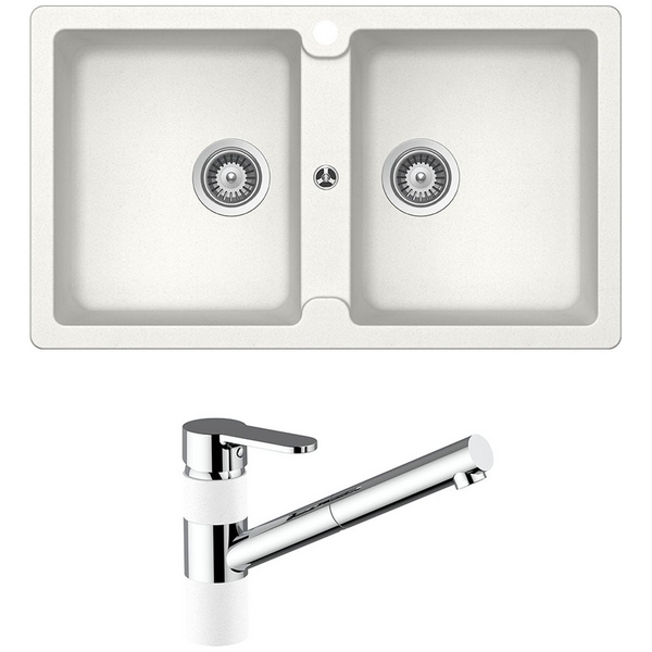 Abey Schock Typos Double Sink & Armando Vicario ISA Kitchen Mixer - White TN200T2W