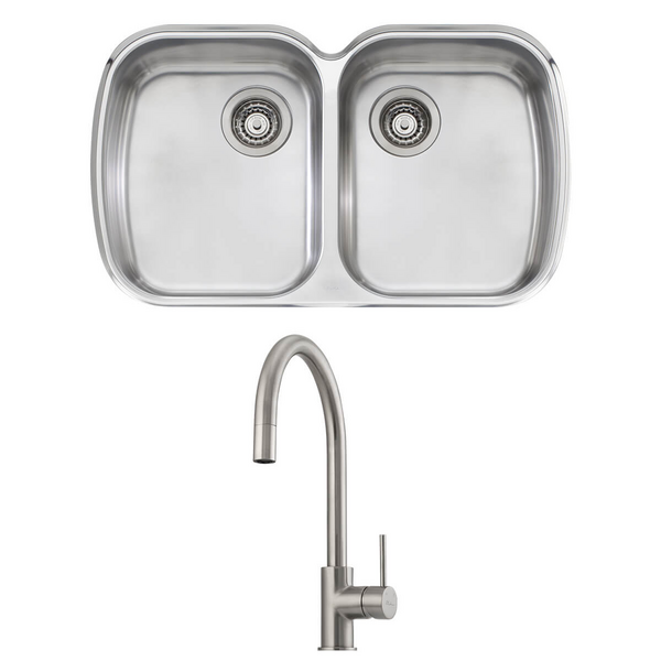 Oliveri Monet Double Bowl Sink and Venice Brushed Nickel Pull Out Tap Pack VE520FBN-PMO70U