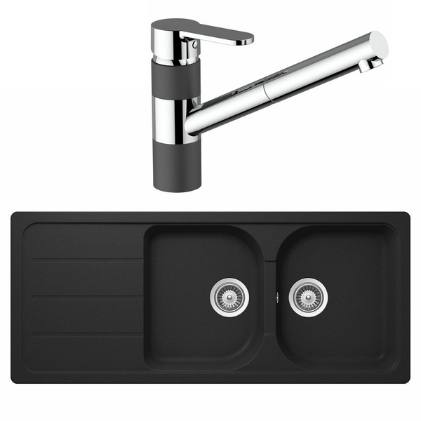 Abey Schock Double Sink with Armando Vicario Pull Out Tap Onyx FD200BT2