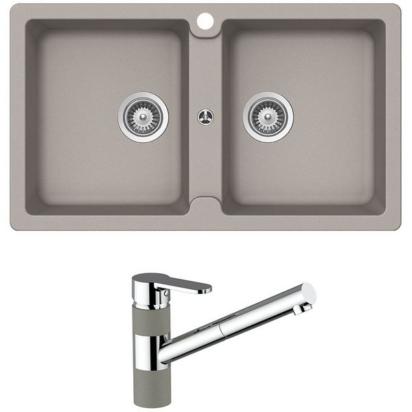 Abey Schock Typos Double Sink & Armando Vicario ISA Kitchen Mixer - Concrete TN200T2C