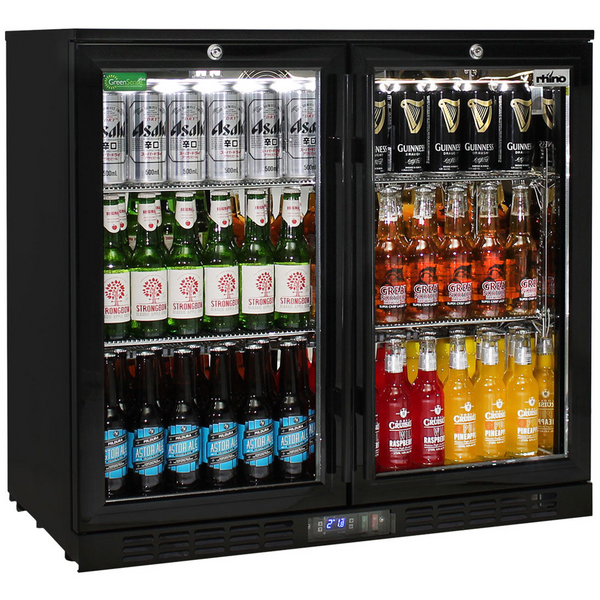 Rhino 208L Double Door Heated Glass Under Bench Beverage Centre Black SG2H-B-HD