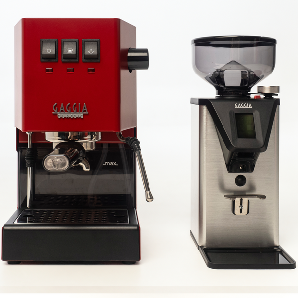Gaggia Classic E24 Red Coffee Machine & Coffee Grinder Package DMGNCEVOREDBUN