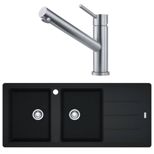 Franke Basis Double Bowl Topmount Sink with Right hand Drainer and Orbit Tap Pack - Onyx BFG621RTA9200ON