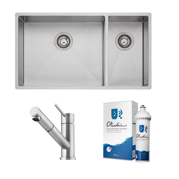 Oliveri Spectra 1 and 1/2 Bowl Sink and Essente Pull Out Tap Pack with Filter Kit 31615SB35SSFS5010