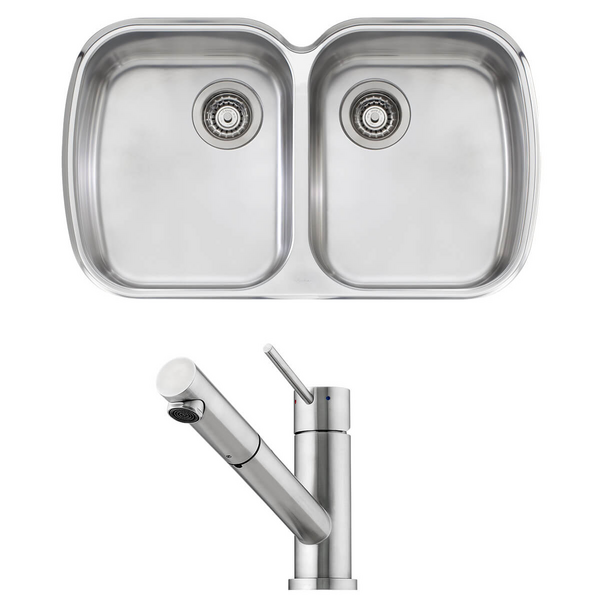 Oliveri Monet Double Bowl Sink and Essente Pull Out Tap Pack SS31615MO70U