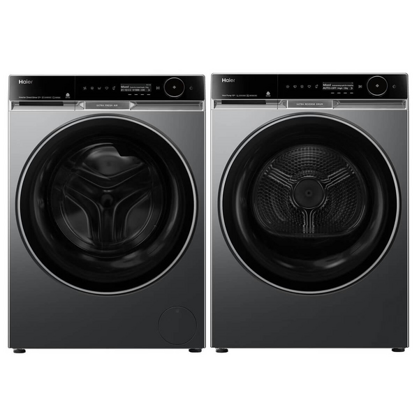 Haier 600 Series 12kg Front Load Washer and 10kg Heat Pump Dryer Laundry Package Black HWF12PXB2HDHP10PXB1