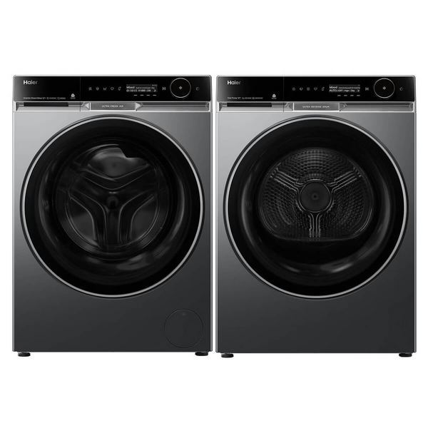Haier 600 Series 12kg Front Load Washer and 10kg Heat Pump Dryer Laundry Package Black HWF12PXB1HDHP10PXB1