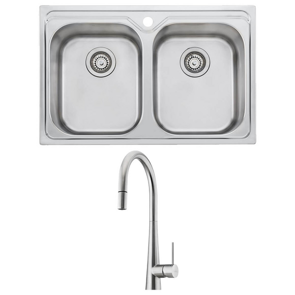 Oliveri Diaz Double Bowl Sink and Essente Pull Out Tap Pack SS31625DZ23TU