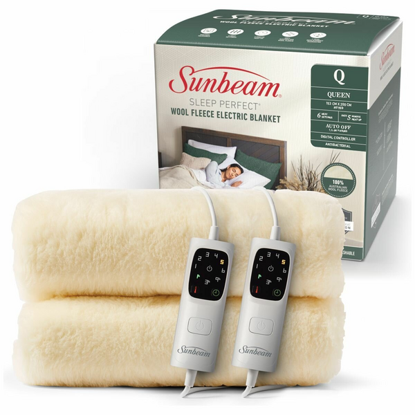 Sunbeam Sleep Perfect Wool Fleece Anti Bacterial Queen Electric Blanket BLW6651