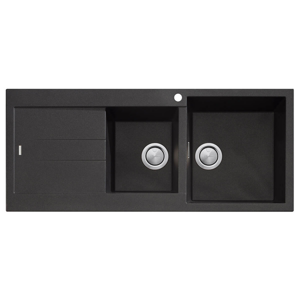 Oliveri Santorini 1 and 3/4 Bowl Topmount Sink With Left Hand Drainer And Overflow Black ST-BL1512-OF