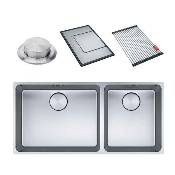 Franke Mythos 500/340mm and 1 and 1/2 Bowl Right 3 Way Installation Sink with Accessories MYX220-5034FPCSBR