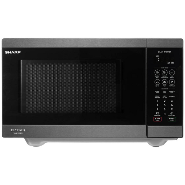 Sharp 26L 900W Flatbed Microwave with Smart Inverter Black Steel SM267FHBS