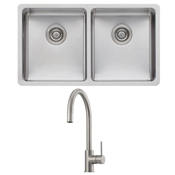 Oliveri Sonetto Double Bowl Sink and Venice Brushed Nickel Pull Out Tap Pack VE520FBN-PSN63TU