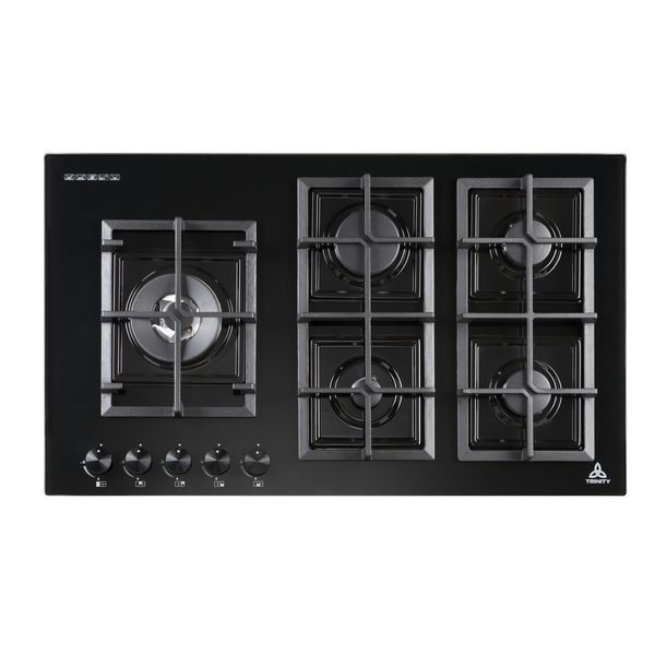 Trinity 90cm Gas Cooktop 5 Burners Black Tempered Glass TRG900BK