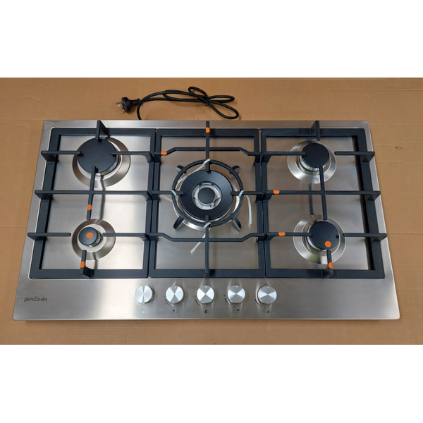 Brohn 90cm 5 Burner Natural Gas Cooktop Stainless Steel BRGC9001SS